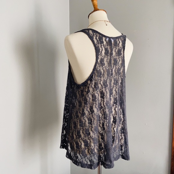 grey lace floral flowy boho sheer tank with pocket - Picture 2 of 10